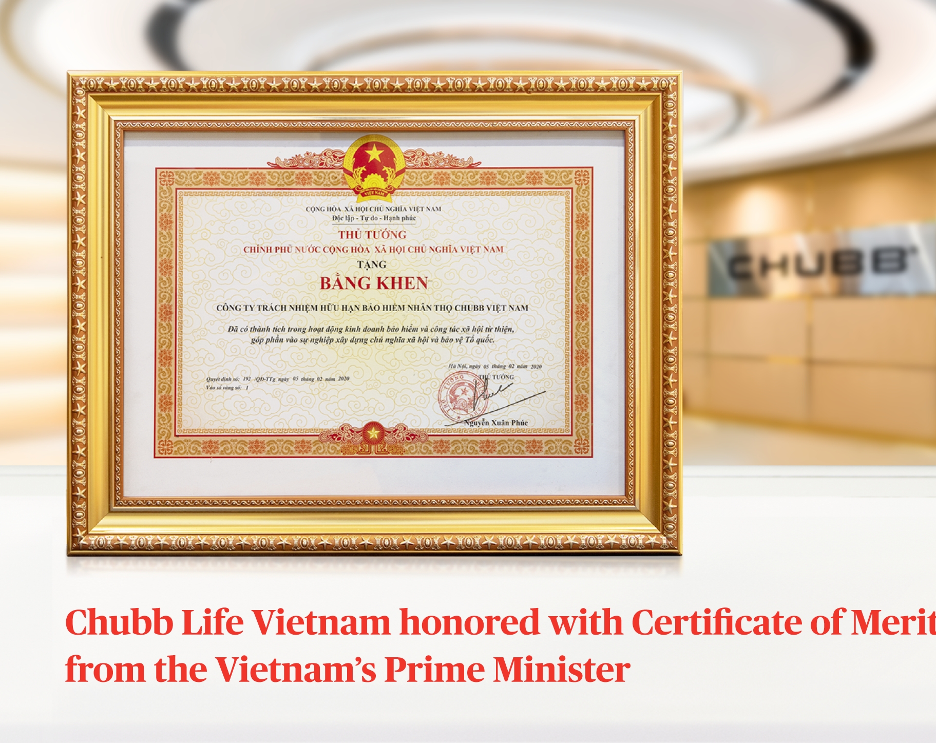Chubb Life Vietnam honoured with Certificate of Merit from Vietnamese prime minister