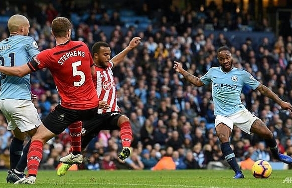 Sterling at the double as Man City hit Saints for six