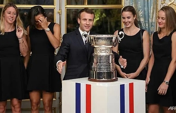 President Macron hosts Fed Cup winners at Elysee Palace