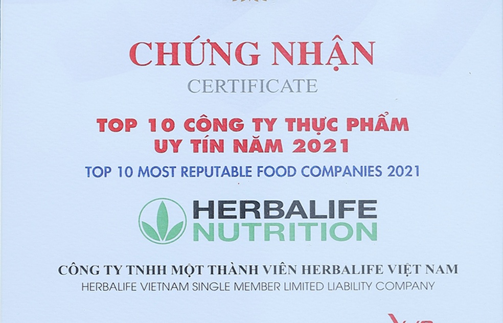 Herbalife Vietnam wins Top 10 Most Reputable Food Companies 2021 award