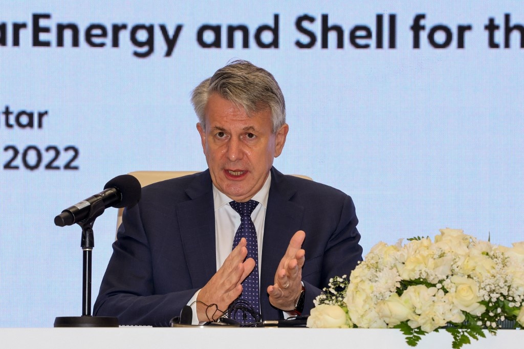 Shell’s CEO Ben van Beurden speaks during a signing ceremony at QatarEnergy headquarters in Doha, on October 23, 2022. KARIM JAAFAR / AFP