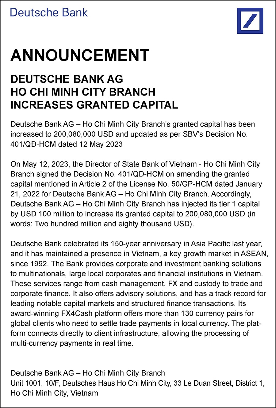 Deutsche Bank AG Ho Chi Minh City branch increases granted capital