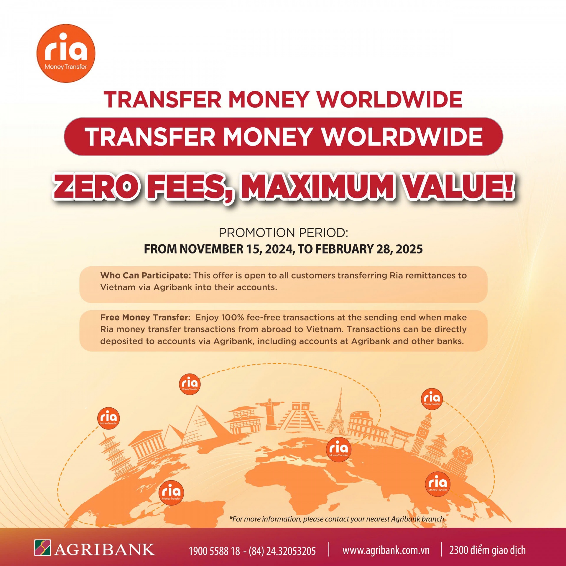 Free Ria remittance transfers to Vietnam via Agribank