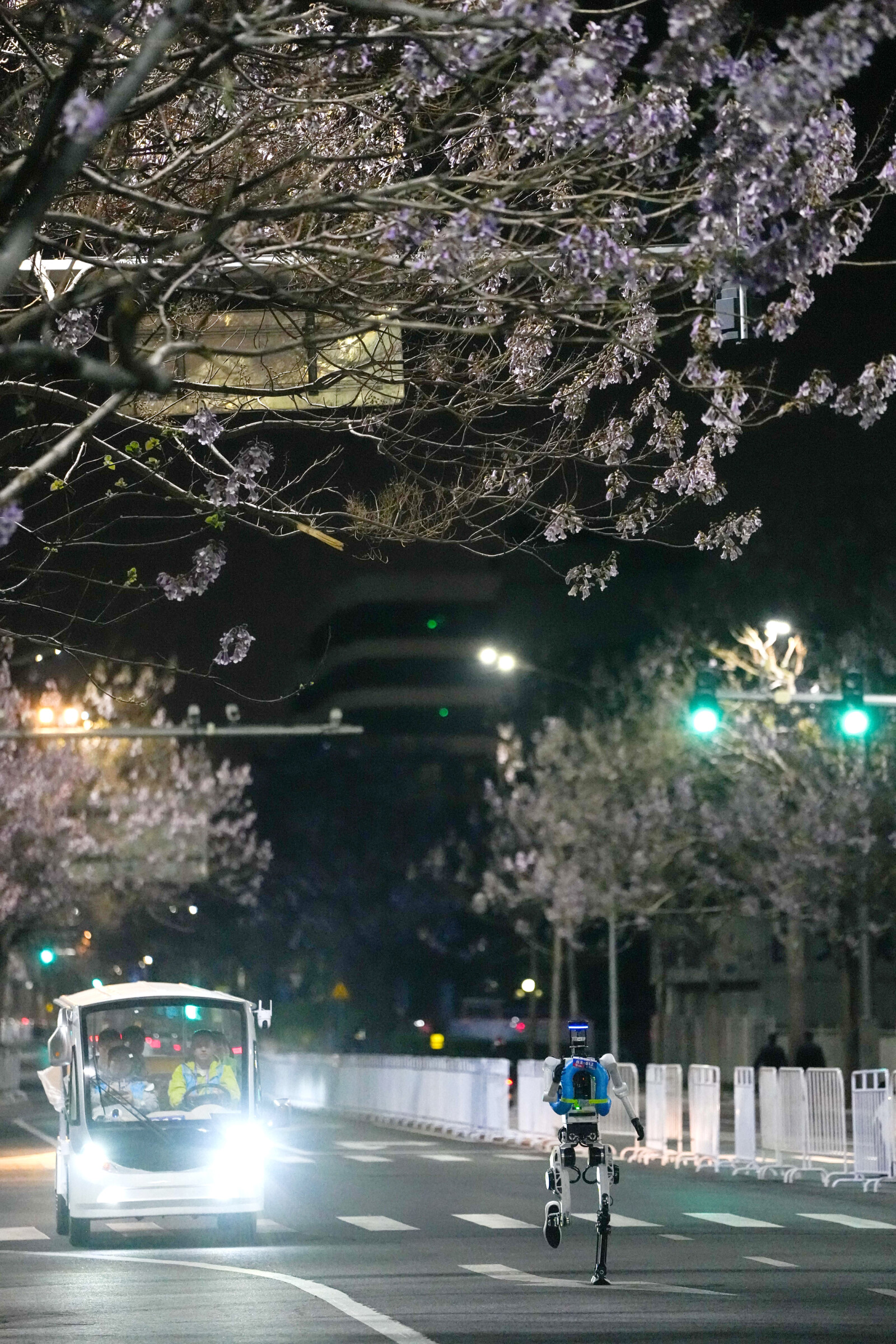 From the night of april 11 to early hours 12, full-process, all-element test event for 2026 beijing e-town humanoid robot half-marathon was held in e-town. pictured is a running during test.