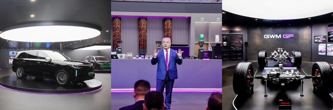 Left — gwm one platform; center ceo mu feng delivers keynote speechat auto china 2026; right high-performance v8