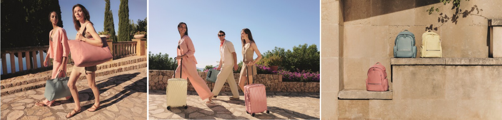 Voyageur Just In Case Tote in Thyme and Pink Clay, 19 Degree Lite in Washed Yellow, Thyme and Pink Clay, Voyageur Celina Backpack in Pink Clay, Thyme and Washed Yellow