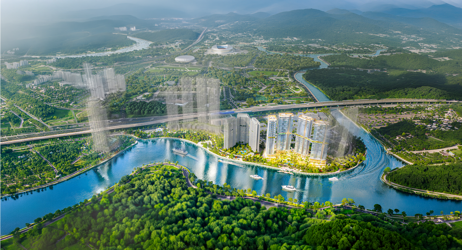 Artist's impression of Palm City, featuring Palm River, a new riverside apartment precinct.