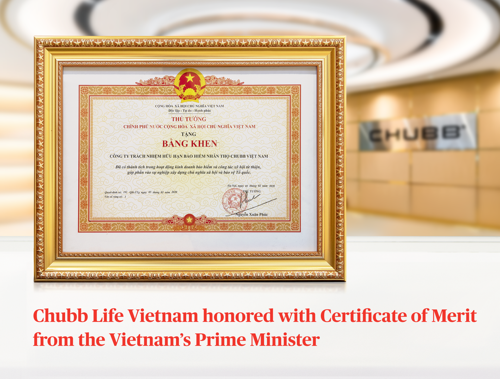 chubb life vietnam honoured with certificate of merit from vietnamese prime minister
