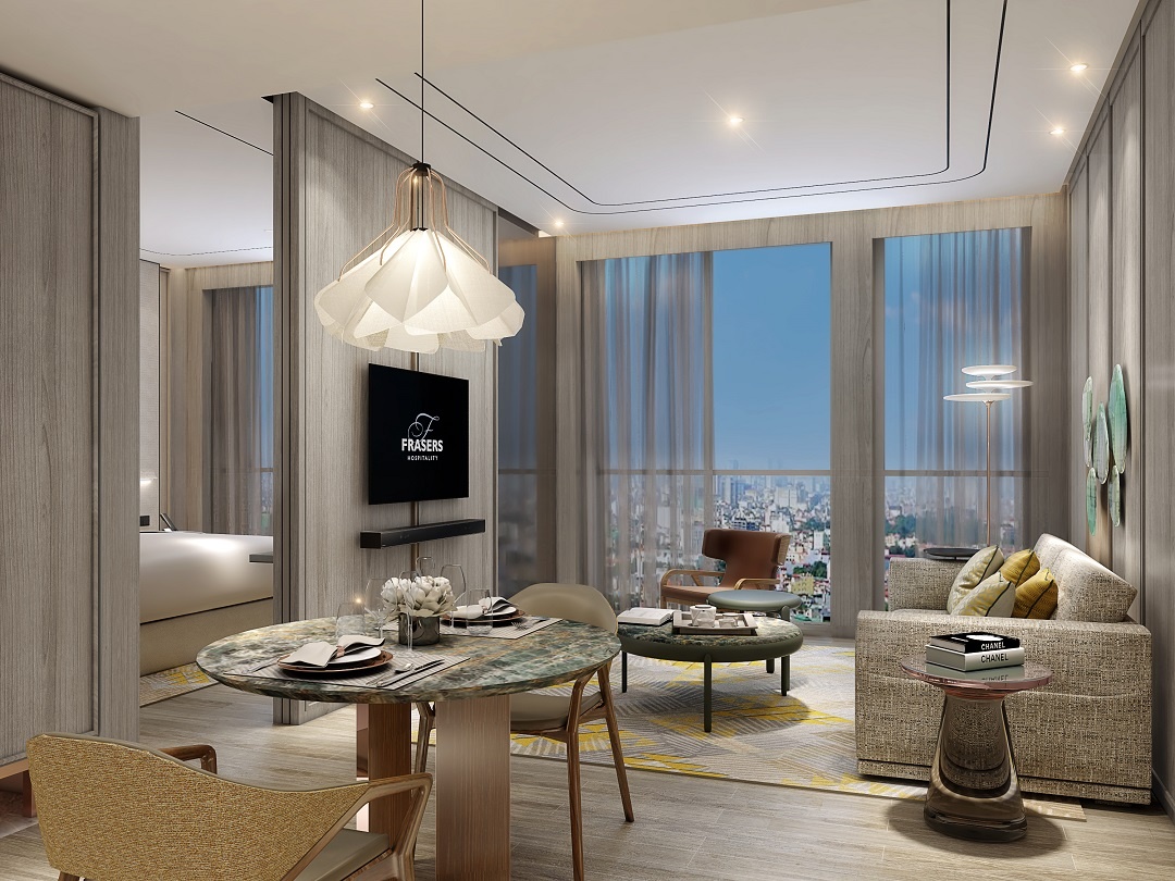 Artist’s impression of the living and dining area of a one-bedroom apartment at Fraser Suites Hanoi’s new Tower