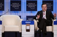 European Central Bank President Mario Draghi delivers a speech on Europe's economic outlook during the World Economic Forum in Davos. Draghi said the eurozone had made 