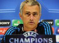 Real Madrid's Portuguese coach Jose Mourinho attends a press conference after a training session in Madrid. Mourinho has played down suggestions his job as Real Madrid coach will be on the line if the Spaniards fail to qualify for the Champions League quarter-finals against CSKA Moscow. (AFP Photo/Javier Soriano)