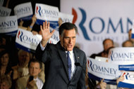 Republican presidential candidate Mitt Romney addresses supporters during a primary victory party in Schaumburg, Illinois. Romney has set his sights squarely on President Barack Obama after racking up another victory in a plodding Republican nominating race that may not be decided until June.