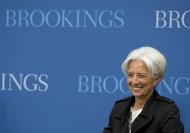 International Monetary Fund (IMF) Managing Director Christine Lagarde speaks at the Brookings Institute in Washington, DC. The International Monetary Fund said Wednesday it probably needs less new money for crisis intervention than previously thought, crediting action by the eurozone for the change. 