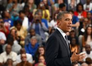 US President Barack Obama speaks on the economy during a campaign event at the Cuyahoga Community College in Cleveland, Ohio. Obama on Thursday told Americans they could break the political 