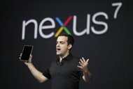 Hugo Barra, product management director of Android, introduces Google's low-cost computer tablet Nexus 7 during the keynote speech at Google's annual developer conference, Google I/O in San Francisco. Google unveiled its own branded Nexus 7 tablet computer Wednesday, challenging the Apple iPad and Amazon Kindle Fire, and opening a window to its online shop for books, movies, TV shows and more. (AFP Photo/Kimihiro Hoshino)