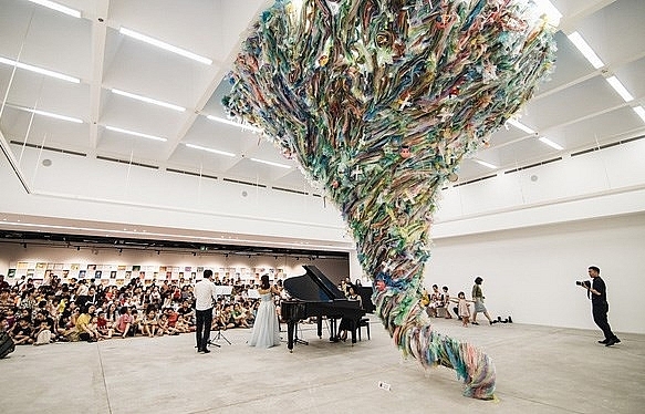 Artworks made from used plastic warn of environmental damage