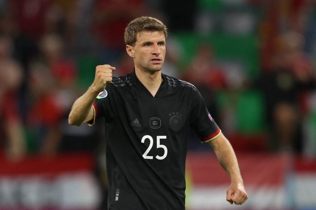 Germany's forward Thomas Mueller reacts during the UEFA EURO 2020 Group F football match between Germany and Hungary at the Allianz Arena in Munich on June 23, 2021. ALEXANDER HASSENSTEIN / POOL / AFP
