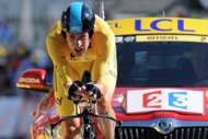 Britain's Bradley Wiggins, stage winner and overall leader's yellow jersey, at the end of the 41.5 km Tour de France solo race on July 9. Wiggins tightened his grip on the yellow jersey with a maiden Tour de France stage victory that heaped the pressure on defending champion Cadel Evans. (AFP Photo/Pascal Pavani)