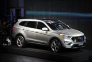 The Hyundai Santa Fe Sport SUV is viewed during the first day of press previews at the New York International Automobile Show in April 2012. Hyundai is to recall more than 220,000 cars in the United States due to two separate air bag defects in the Santa Fe and Sonata