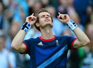Britain's Andy Murray celebrates victory in his men's singles semifinal round match against Serbian's Novak Djokovicat in the 2012 London Olympic Games. (AFP Photo/Martin Bernetti)