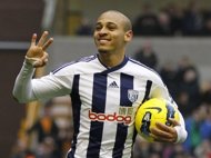 West Bromwich Albion's Nigerian Peter Odemwingie celebrates scoring his third goal and hat trick during an English Premier League football match between Wolverhampton Wanderers and West Bromwich Albion in February 2012. (AFP Photo/Ian Kington)