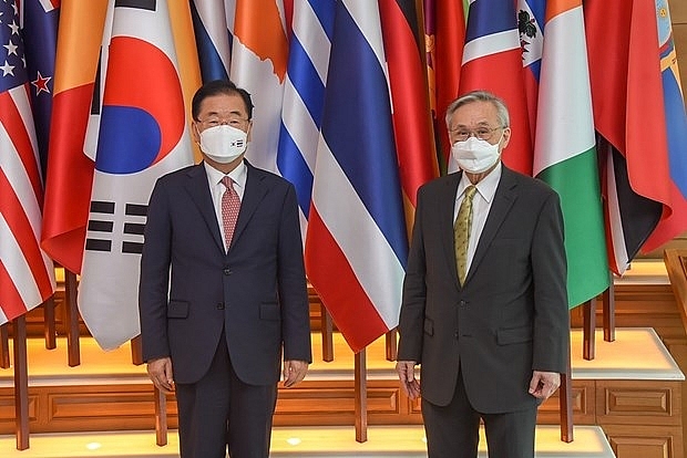 RoK Foreign Minister Chung Eui-yong (L) and his Thai counterpart Don Pramudwinai pose for a photo before their talks in Thailand on August 27, 2021 (Source: Yonhap)