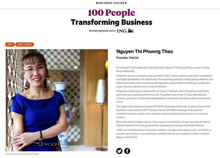 vietjet ceo nguyen thi phuong thao named among 100 people transforming business in asia