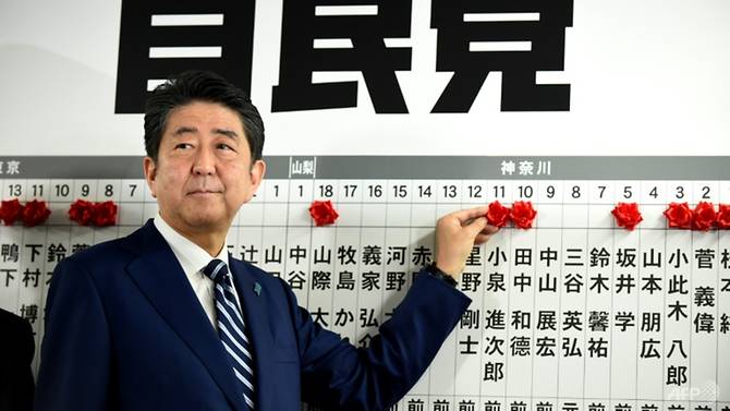 abe targets north korea after storming to super majority vote win