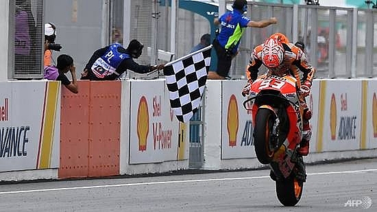 marquez wins malaysian motogp as rossi crashes out of lead