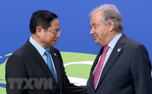 UN Secretary-General Antonio Guterres welcomes PM Pham Minh Chinh (L) at the event. (Photo: VNA)