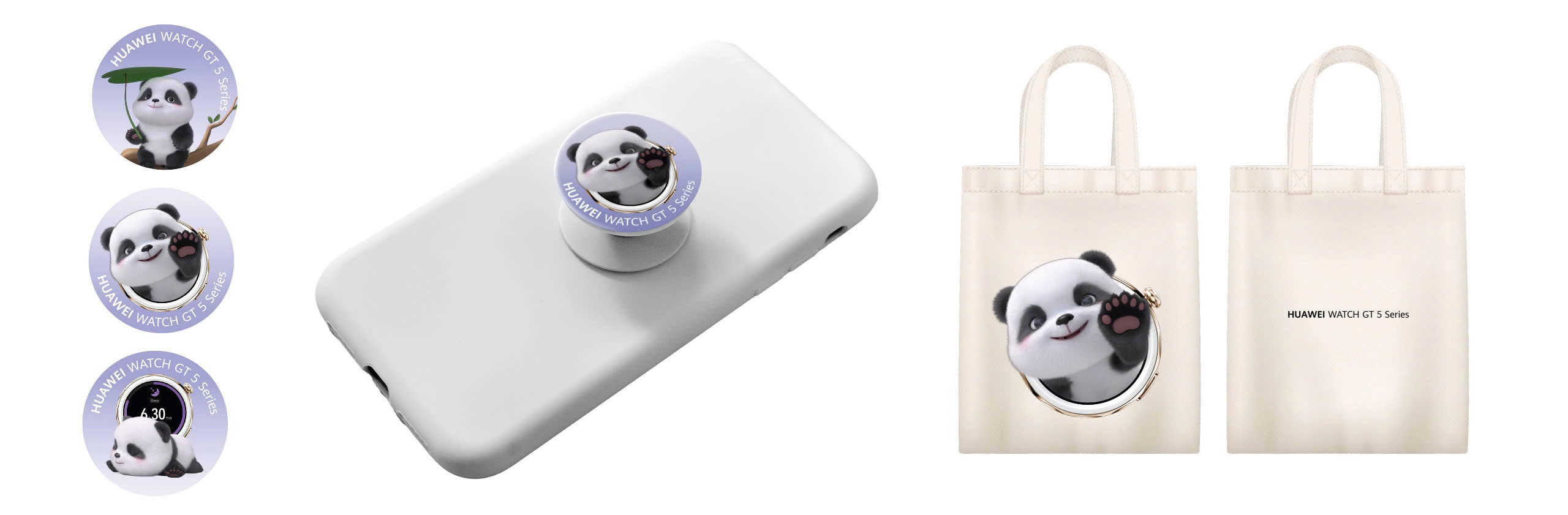 Limited-edition gifts from Huawei, including stickers, phone rings and tote bags with impressive Panda designs