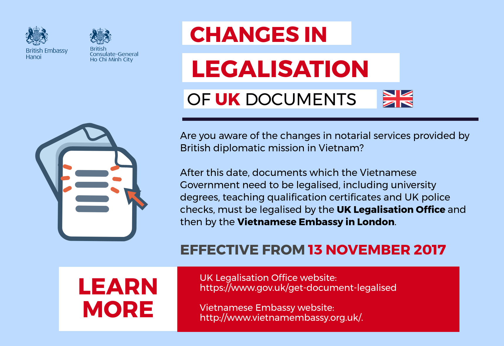 British Embassy in Vietnam changes notarial and documentary services